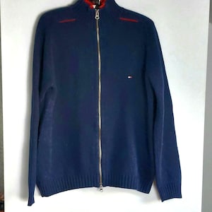 Vintage Wool Sweater TOMMY HILFIGER, Navy Blue Knitwear, Unisex Jumper, Wool 80s Pullover, Vintage Sweaters, Grandpa Zip Cardigan Size S