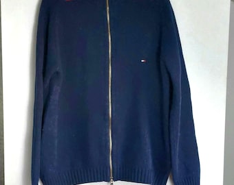 pull en laine vintage TOMMY HILFIGER, tricots bleu marine, pull unisexe, pull en laine des années 80, pulls vintage, cardigan zippé grand-père taille S