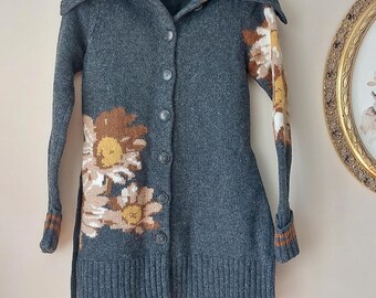 Suéter floral vintage, cárdigan de lana de punto, jersey de lana de punto, cárdigan gris, talla S