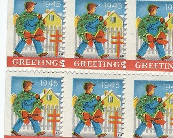 Vintage CHRISTMAS SEALS 1945 set of 12 Boy with Wreath Holiday Charity Stamps Mixed Media Junk Journal  XmasO