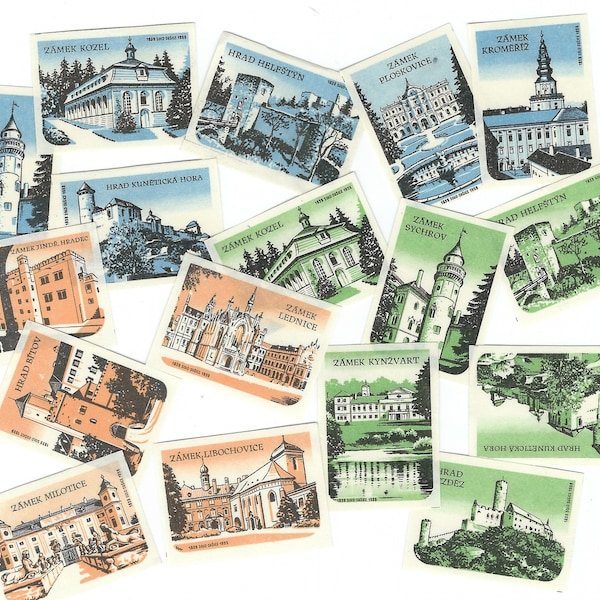 18 Vintage Mid Century Castle Fortress Palace Matchbox Labels from Czechoslovakia - New Old Stock Nos  Matches Box Phillumeny CC20