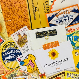 GELB & ORANGE Vintage Ephemera SCRAP Pack Inspiration Kit Altes Papier Etiketten Stempel Karten Werbung Junk Journal Smash Book Mixed Media