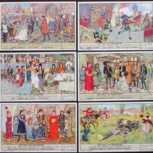 Lot de 6 cartes La MAISON DE BOURGOGNE 1949 - Liebig Trade Cards carte publicitaire lithographie lithographique néerlandaise flamande vintage Lg375