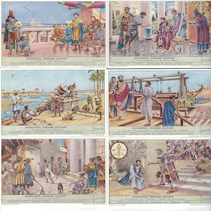 ARQUÍMEDES Juego de 6 tarjetas 1953 Matemático e inventor griego - Liebig Trade Cards Vintage Flemish Dutch Litho Lithography Card Lg416