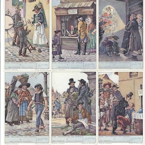 Kleines Straßenhandwerk von damals Set mit 6 Karten 1949 - Liebig Trade Cards Vintage flämische niederländische Werbekarte Lg128