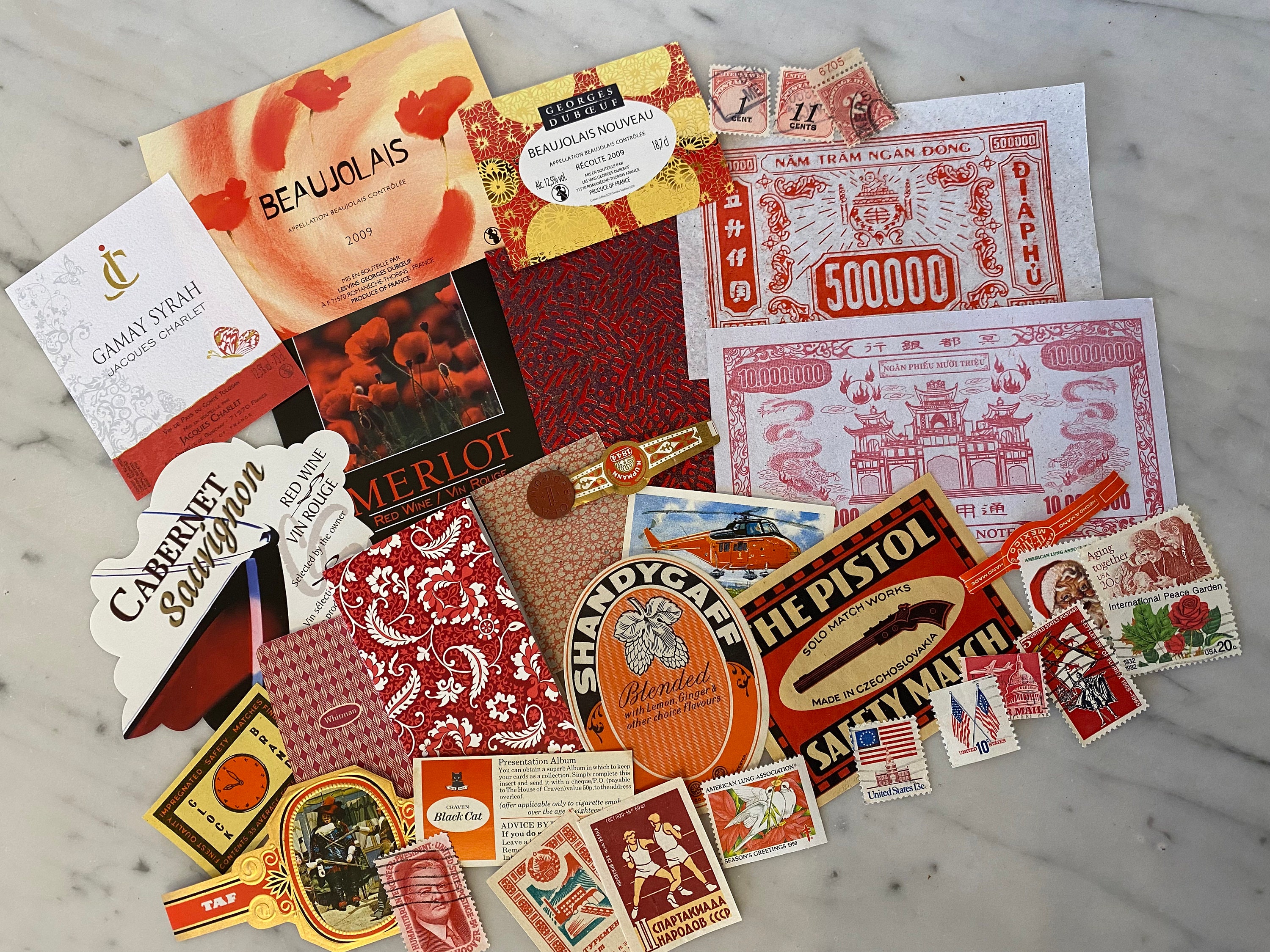 RED Vintage Ephemera SCRAP PACK & Inspiration Kit Old Paper Maps Labels Stamps Advertising Junk Journal Smash Book Mixed Media Wallpaper