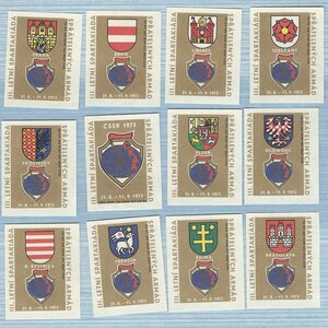 12 Vintage Mid Century Crests Coat of Arms Town Shields Matchbox Labels from Czechoslovakia - New Old Stock NOS  Matches Box Phillumeny A194