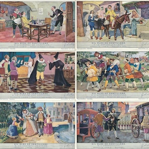 Die Geschichte von Gil Blas 1943 Liebig Trade Cards Vintage Französisch Belgien Werbekarte Klassisches Literaturbuch LG78