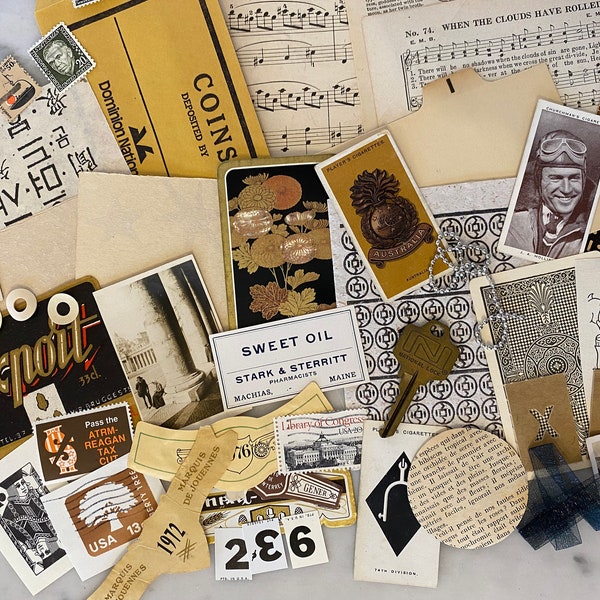 Neutral Vintage Ephemera SCRAP PACK & Inspiration Kit Old Paper Photos Labels Stamps Advertising Junk Journal Smash Book Mixed Media