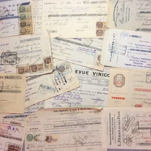 4 Antike FRANZÖSISCHE EINGÄNGE, mit Steuermarken und Kalligraphie - 1900 bis 50 Vintage Papier Ephemera Frankreich Rechnung Rechnung Zahlungsbelege