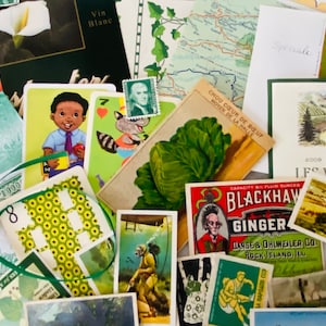 GRÜN Vintage Ephemera SCRAP PACK & Inspiration Kit Altes Papier Landkarten Etiketten Briefmarken Werbung Junk Journal Smash Book Mixed Media Wallpaper