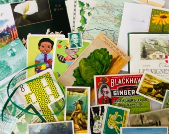 GREEN Vintage Ephemera SCRAP PACK & Inspiration Kit Old Paper Maps Labels Stamps Advertising Junk Journal Smash Book Mixed Media Wallpaper
