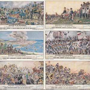 Jalons de l'HISTOIRE Batailles célèbres d'Arbela, Leipzig, lot de 6 cartes 1950 - Liebig Trade Cards, carte publicitaire flamande néerlandaise vintage Lg401