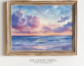 印刷可能なパステル調の海の夕日風景 - 夢のような海岸風景、水彩画のビーチシーン、ロマンチックで心を落ち着かせるウォールアート デジタルダウンロード 600