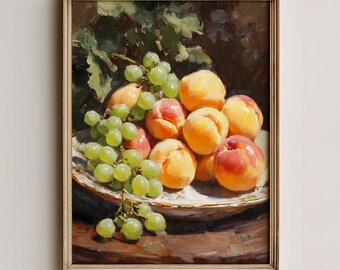 May include: A framed still life painting featuring a bowl of ripe peaches and green grapes. The peaches are a mix of orange and red hues, while the grapes are a vibrant green. The painting has a vintage aesthetic.