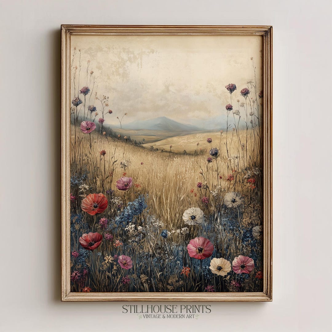 Rustic Wildflower Meadow Art Print - Vintage Moody Pastoral Decor ...