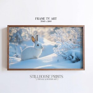 May include: A framed print featuring a white rabbit in a snowy landscape. The rabbit is the focal point, set against a backdrop of snow-covered bushes and trees. The frame is a warm brown color, and the print is labeled "FRAME TV ART" and "STILLHOUSE PRINTS".