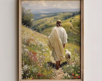 Jesus leaves the 99 Christian Art - Jesus Walking with Lamb, Christian Good Shepherd Print, Cottagecore Wall Art, Digital Download Print 905