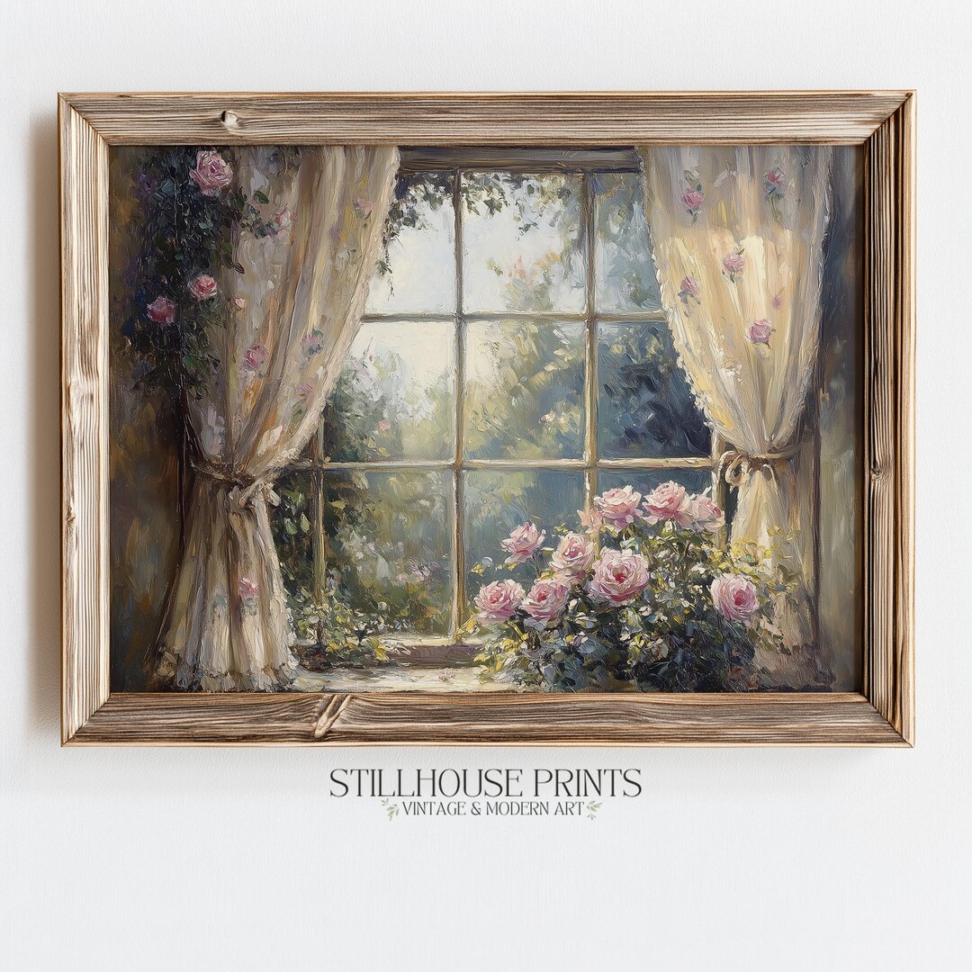 Vintage Cottage Window Print, Pink Roses Botanical Wall Art ...