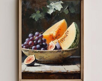 Pintura de natureza morta com frutas em estilo melancólico - Arte de parede vintage para cozinha, tigela rústica com melão, figos e uvas, decoração de fazenda, download digital para impressão 676