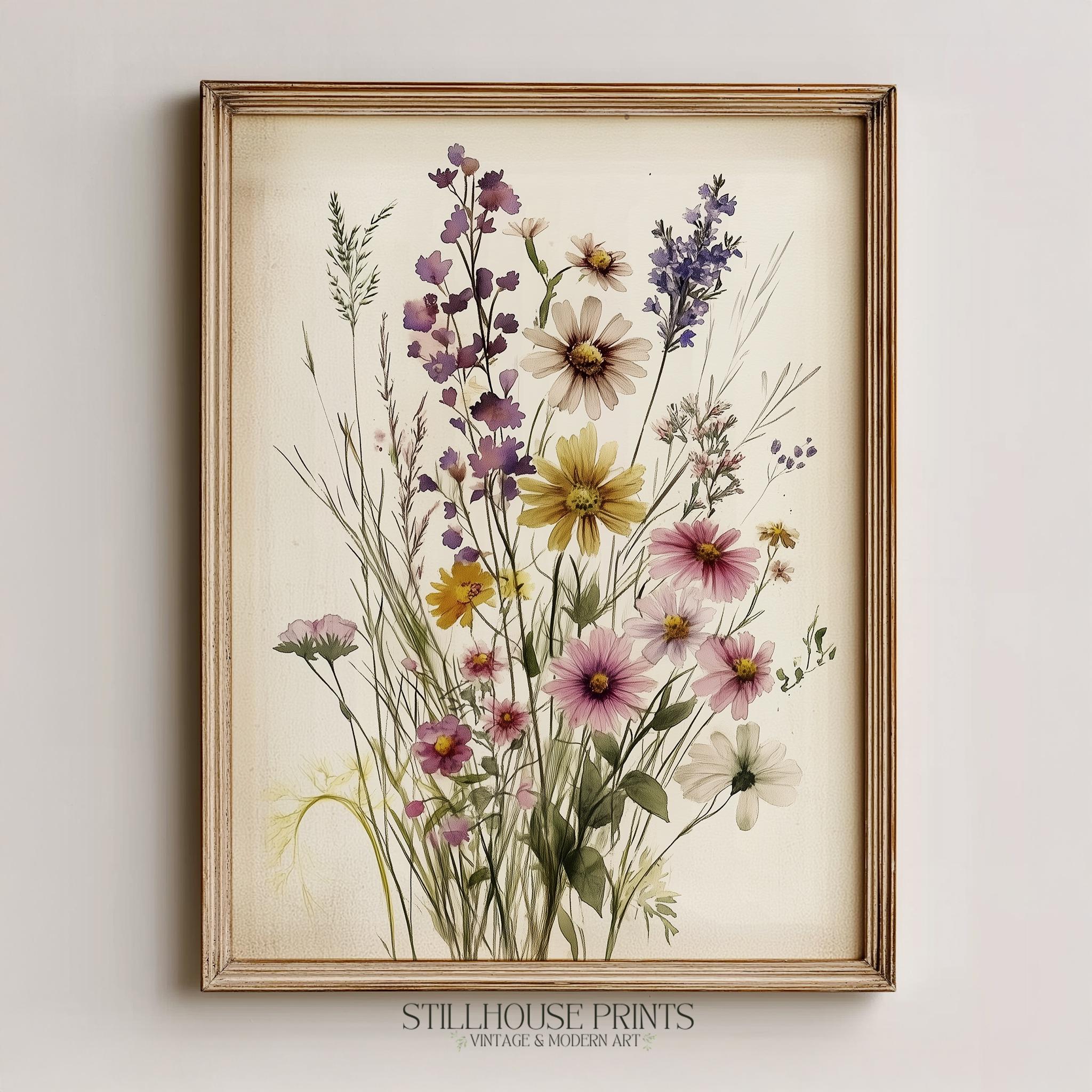 Vintage Botanical Wildflower Bouquet - Cottagecore Decorative Wall Art ...