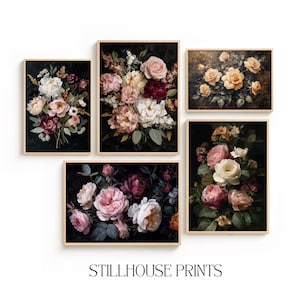 May include: Five framed floral art prints featuring bouquets of roses and peonies in shades of pink, white, and yellow against a dark background. The text "STILLHOUSE PRINTS" is at the bottom.
