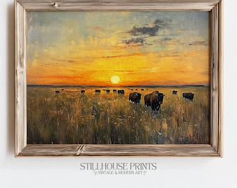 Rustic Bison at Sunset Printable Wall Art, Pastoral Country Scene, Dark Academia Decor, Golden Prairie Landscape, Farmhouse Home Decor 430