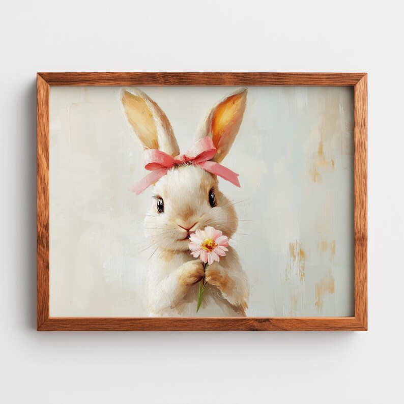 Cute Neutral Rabbit Spring Wall Art Printable Sweet Bunny With Pink Flower, Cute Neutral ...