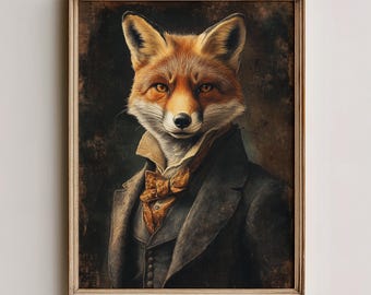 Zabawny nadruk ze zwierzętami w stylu vintage, elegancki portret rudego lisa, fantazyjny wystrój w stylu wiktoriańskim, rustykalna sztuka ścienna, dekoracyjna dekoracja ścienna do domu 1220