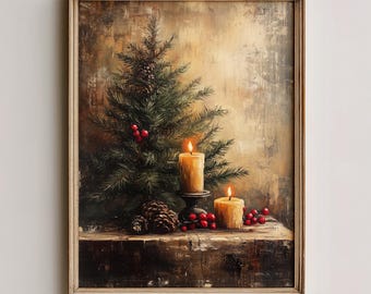 Vintage Holiday Still Life Print, Rustic Christmas Candles Printable Wall Art (Digital Download) 141