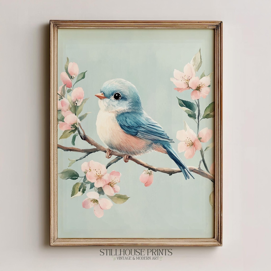 Bluebird on Cherry Blossom Branch, Vintage Spring Printable Wall Art ...
