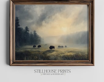 Rustic Grazing Bison Landscape - Moody Pastoral Scene, Dark Academia Wall Art, Printable Country Decor, Vintage Style, Digital Download 432