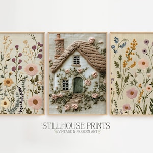 Vintage blommig väggkonst set om 3, blommigt tryckpaket, botanisk dekor, Cottagecore-stil, Grandmillennial-stil, digital nedladdning 1585