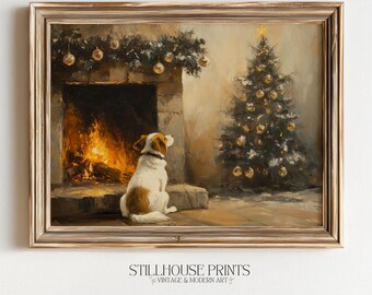 Vintage Dog by Fireplace, Cozy Christmas Printable Wall Art, Rustic Holiday Decor (Digital Download) 158