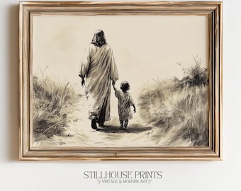 Jesús y el Niño Caminando - Arte mural cristiano, arte bíblico, boceto de Jesús, arte mural neutro, descarga digital de Jesús (1734)