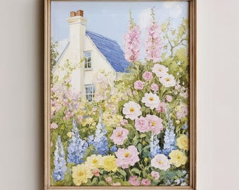 English Cottage Garden, Pastel Flower Painting, Printable Wall Art (Digital Download) 2706