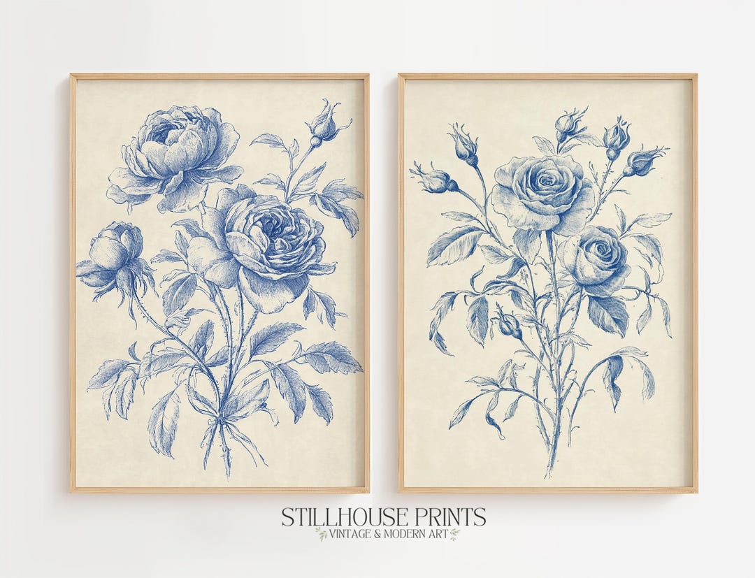 Vintage Spring Floral Wall Art Set | Blue Botanical Rose Sketches ...