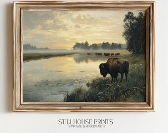 Rustic Bison Landscape Printable - Moody Pastoral Art, Dark Academia Decor, Serene Riverbank Scene, Farmhouse Country Wall Art, Download 433
