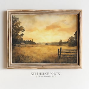 Acuarela rústica vintage de campos al atardecer - Arte imprimible de paisaje cálido de granja, decoración de pared acogedora, descarga digital 136