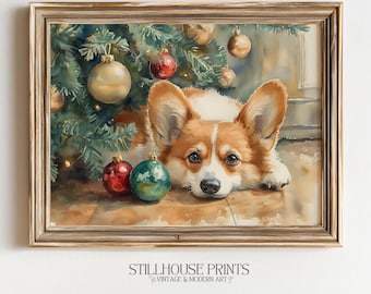 Vintage Christmas Corgi Print, Cozy Holiday Dog Watercolor Printable Wall Art (Digital Download)
