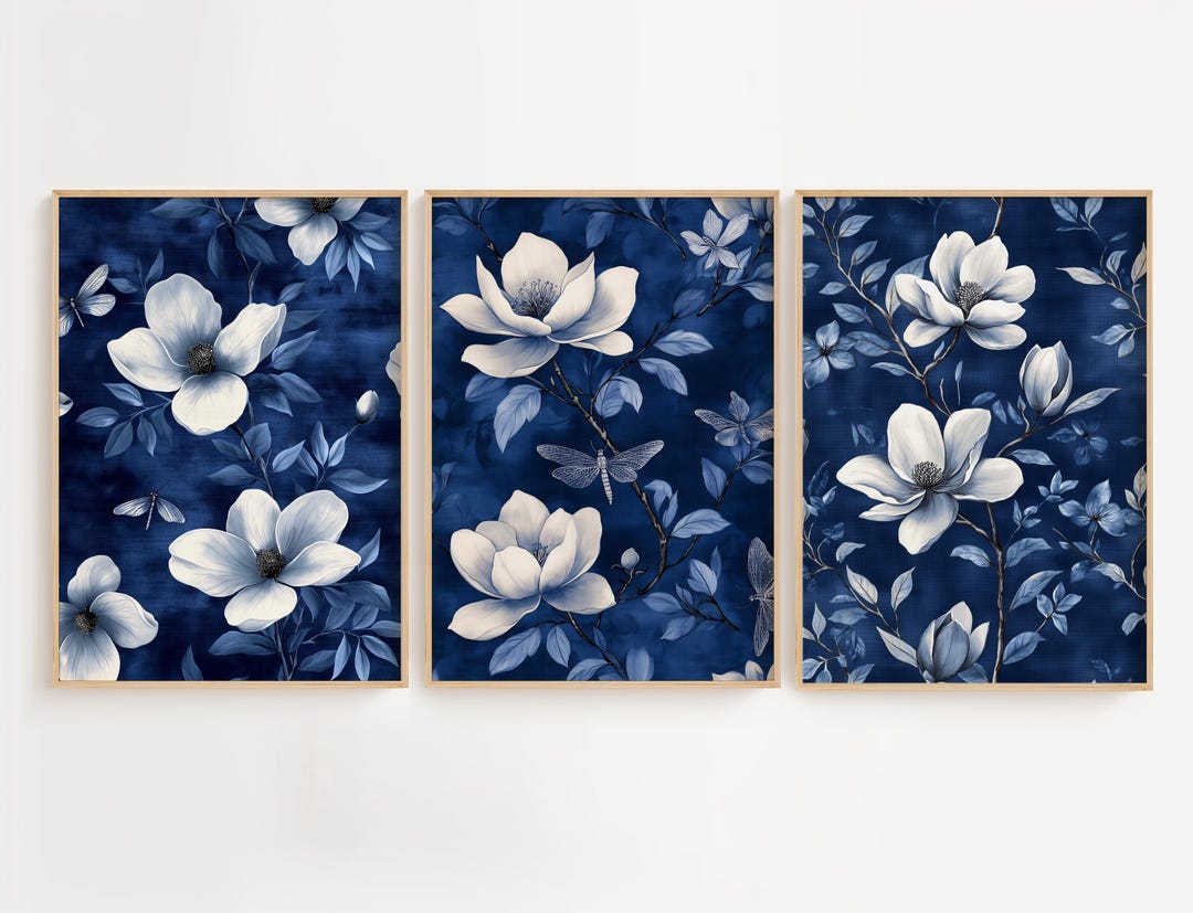Cottagecore Vintage Floral Bundle, Moody Blue Botanical Wall Art ...