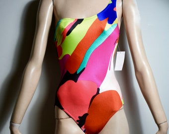 vintage 80s De Weese swim suit, De Weese bathing suit, 70s swim suit, 80s bathing suit, asymmetrical swim suit, graphic bathing suit Small