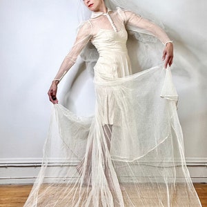 vintage wedding dress, 1930s wedding dress, long train, ecru wedding gown, bridal dress, swiss dot dress, 30s gown, sheer dress, puff sleeve