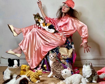 Franklin Simon, pink satin jumpsuit, vintage jumpsuit, palazzo, palazzo jumpsuit, 50s jumpsuit, 60s jumpsuit, coveralls, romper, oversized