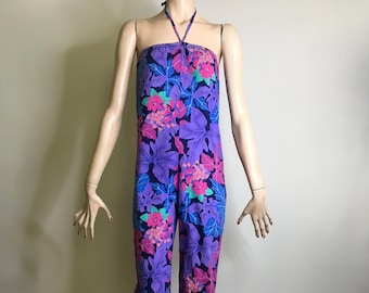 vintage 80s jumpsuit, 70s jumpsuit, floral jumpsuit, floral pattern, romper, catsuit, cotton, Hawaiian style, halter, playsuit, tropical, S