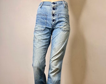 vintage 70s jeans, vintage denim flared bell bottoms, 60s button fly jeans, mid rise hip hugger maverick jeans, hippie boho festival jeans