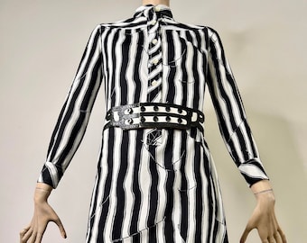 vintage dress, BONWIT TELLER, 70s dress, trompe l'oeil, striped dress, black white, op art dress, graphic print, shirt dress, shift dress