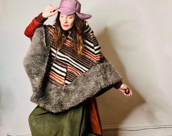 Vintage 60s Faux Fur Cape Poncho Coat Jacket, Hooded Cape Coat
