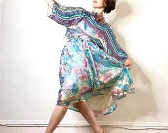 70s silk chiffon dress, 80s Judith Ann dress, printed floral dress, sheer beaded dress, boho festival dress, tropical sequin kimono dress