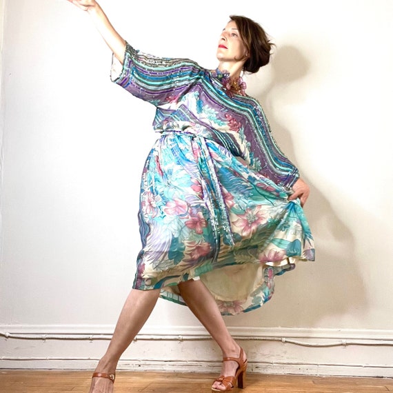 70s Silk Chiffon Dress, 80s Judith Ann Dress, Printed Floral Dress, Sheer Beaded Dress, Boho Festival Dress, Tropical Sequin Kimono Dress